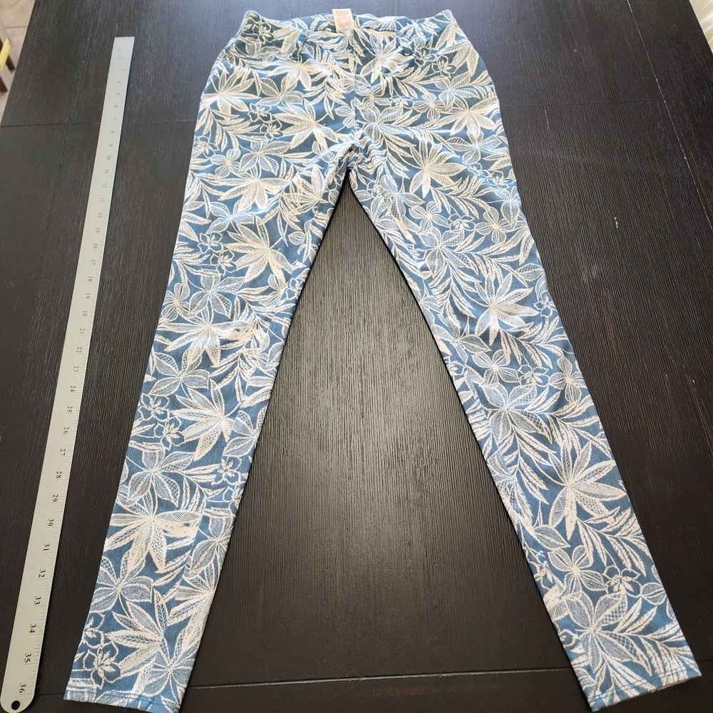 Faded Glory Floral Pants Womens Small 4-6 Blue White Tropical Stretch Skinny